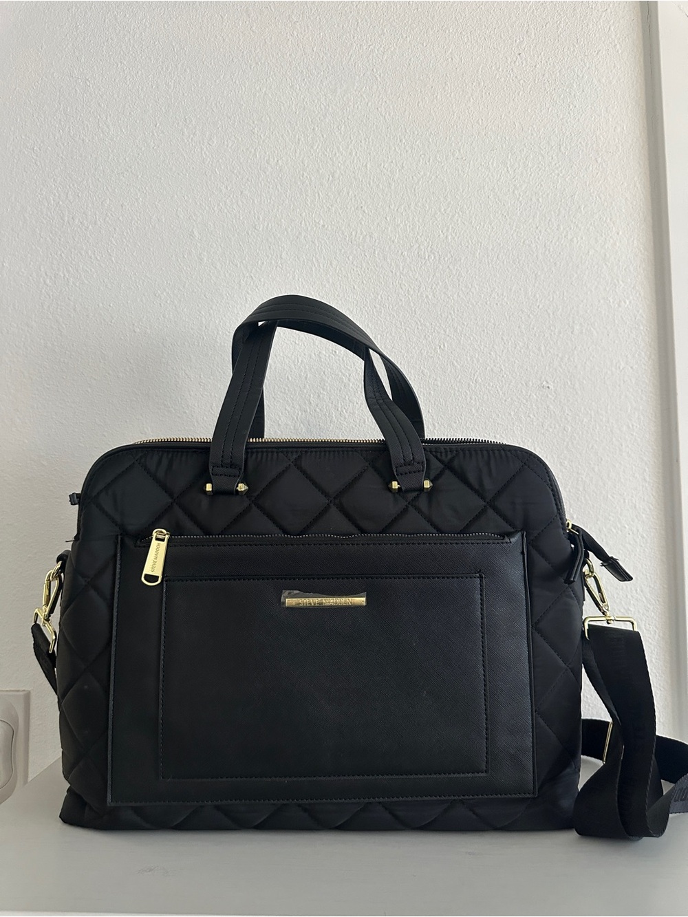 Steve Madden Black Quilted Tote and laptop bag with Gold Hardware